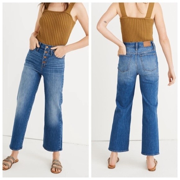 Madewell Petite Slim Wide Leg Jeans Women’s Size 24P Olympia Wash Button Front - Picture 1 of 14